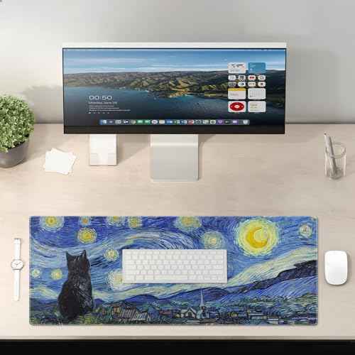Starry Night Cat Gaming Mouse Pad Large Desk Mat Extended Keyboard Mouse Pad Anime Mousepad with Non-Slip Base and Stitched Edge Mouse Mat Desk Pad 31.5 x 11.8 Mouse Pads for Desk Home Office Gaming