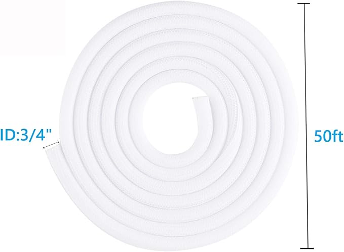 3/4"-50ft Extra-Long Braided Cable Sleeve Protector - Self-Wrapping Pet-Proof Wire Loom for Home Theater, Office, Car Engine, Chew-Resistant Cord Cover, White