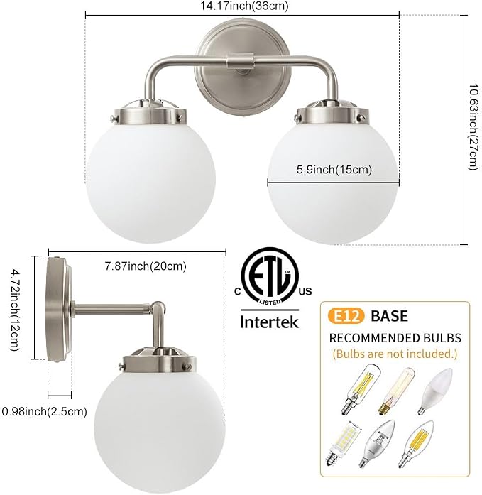 Bathroom Light Fixtures Over Mirror, Brushed Nickel Modern Vanity Lighting with Milk White Glass Globe Shades 2-Light Farmhouse Wall Sconce