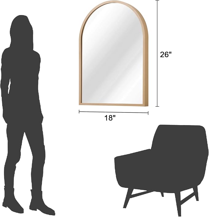 Arched Wall Mirror Aluminum Alloy Frame Bathroom Mirror Brushed Metal Vanity Wall Mounted Mirror for LivingRoom Bedroom Entryway 26"x18"