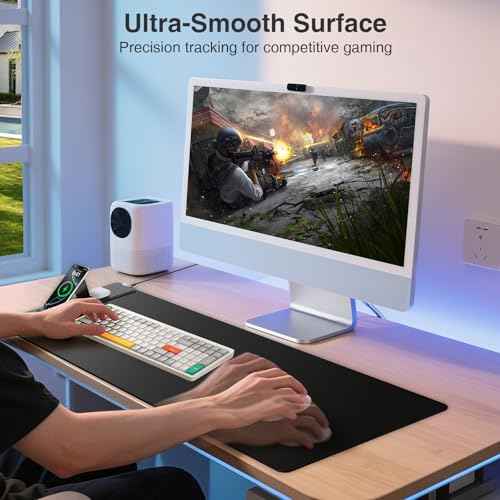 Wireless Charging Mouse Pad with Foldable Phone Holder, 31.5"x15.8" Large Desk Mat for Laptop/Keyboard, Waterproof Ultra-Smooth Surface, Non-Slip Base, Black