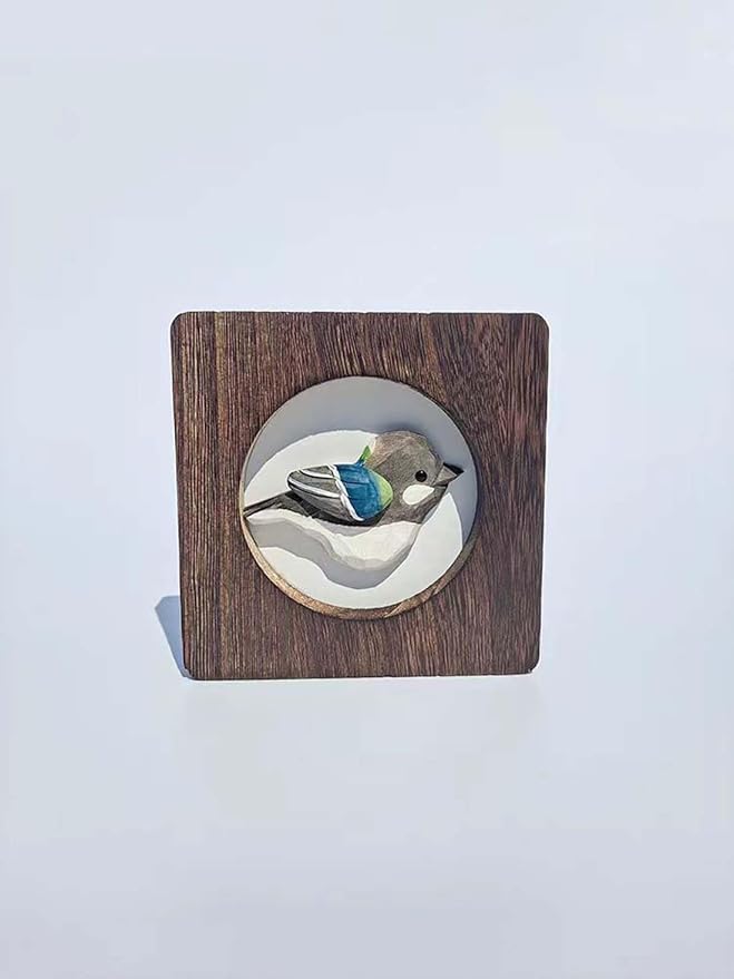 Wood Bird Sculpture with Frame, Cute Hand Carved Bird Wall Art Bird Wall Decor Wooden Wall Decor Desk Table Ornament Office Home Décor Bird Gift (Grey)