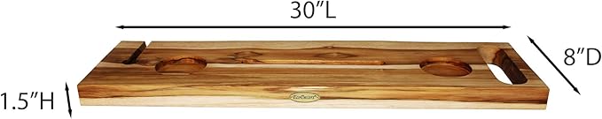 EcoDecors Eleganto 30" Live Edge Solid Teak Bath Caddy Tray with Handle, Book & Tablet Holder, Wine Glass Holders, Luxury Bathtub Tray
