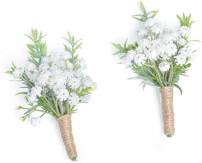 Baby Breath Boutonnieres for Men Wedding,Set of 2, Natural White Groom and Groomsmen Boutonniere with Pin for Rustic Fall Vintage Wedding, Prom and Homecoming