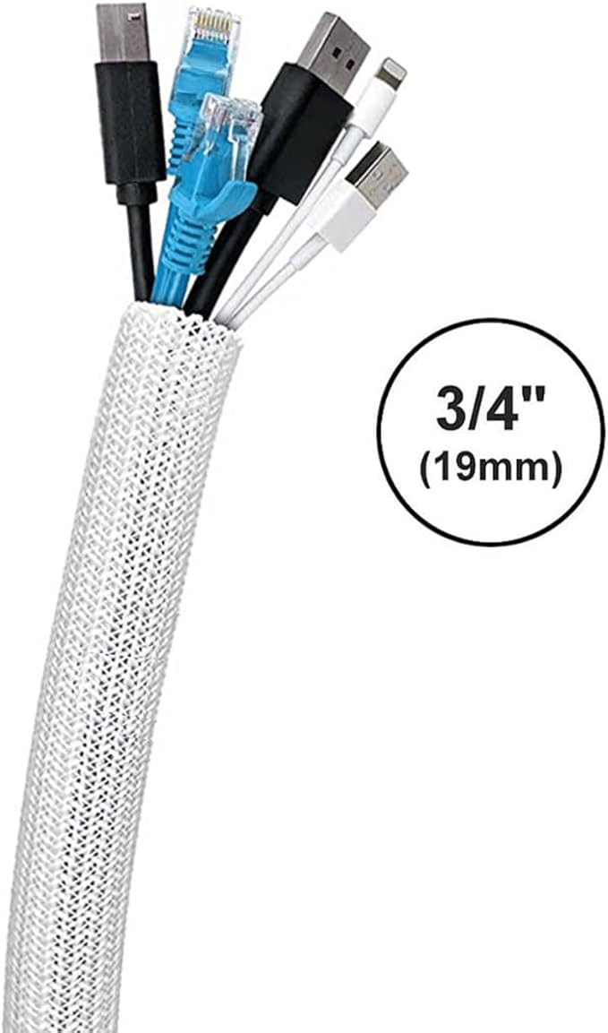 3/4"-50ft Extra-Long Braided Cable Sleeve Protector - Self-Wrapping Pet-Proof Wire Loom for Home Theater, Office, Car Engine, Chew-Resistant Cord Cover, White