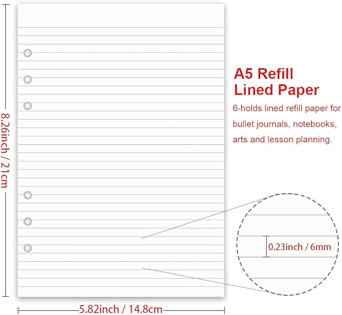 (3 Pack) A5 Lined Paper Refill, 300 Sheets/600 Pages Refill Paper for Large Leather Journal/Filofax Binders, 6 Holes Punched, 100gsm Ruled White Filler Paper, 5.8'' x 8.2''