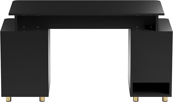 Elegant 56.75" W Executive Desk with 3 Drawers and Storage Cabinet, Modern Office Desk with Gold Accents, Floating Work Surface, Closed Storage with Ventilation & Adjustable Shelf (Black,Gold)