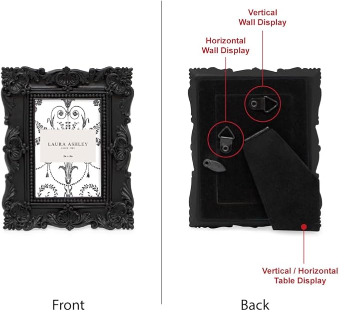 Laura Ashley 2x3 Black Ornate Textured Hand-Crafted Resin Picture Frame with Easel, for Tabletop & Wall Display, Decorative Floral Design Home Décor, Photo Gallery, Art & More (2x3, Black)