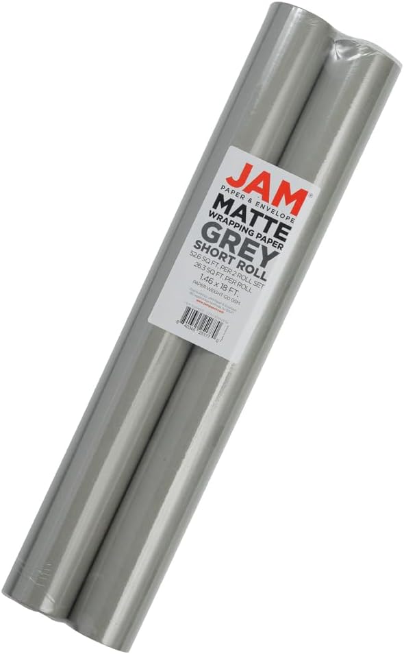 JAM Paper Gift Wrap - Matte Wrapping Paper - 52.6 Sq Ft Total (17 in x 18 Ft Each) - Matte Grey - 2 Rolls/Pack