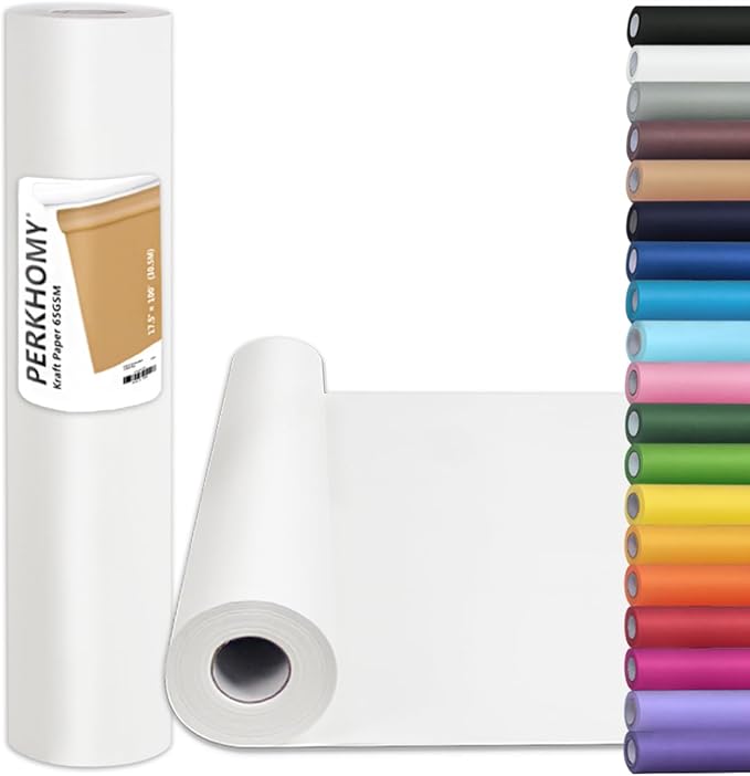 PerkHomy White Kraft Paper Roll 17.5" x 1,200" (100') for Gift Wrapping Bulletin Board Craft Art Bouquet Flower Packing Moving Shipping Floor Covering Table 70GSM 50LB (White, 17.5" x 100')