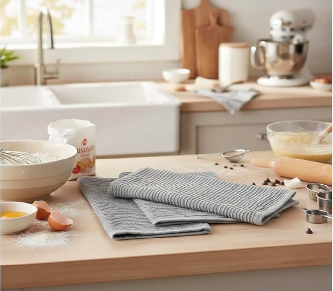 Serafina Home Light Grey Gray Kitchen Hand Dish Towels: Oversized 28" x 18", 100% Cotton Cloth Soft Cleaning Drying Absorbent Ribbed Design, Set of 3 Multipurpose for Everyday Use