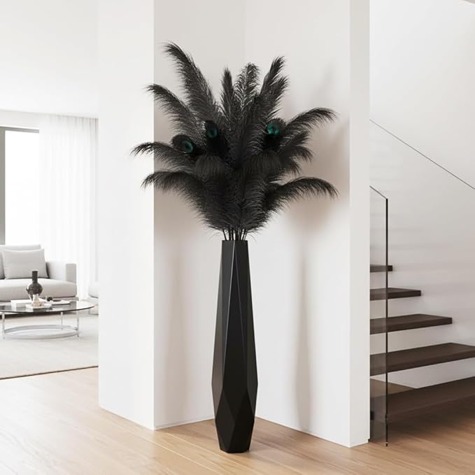 Tall Vases - 27.5" Tall Floor Vase for Home Decor, Resin Floor Vase with Handmade Dimensional Geometric Style, Fits Into Hay/Pampas Grass, Boho Living Room Decor (Black)