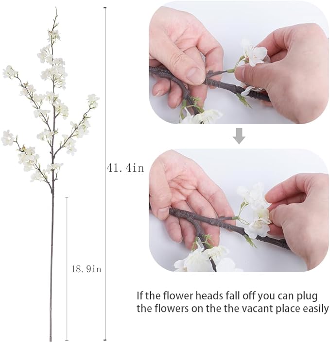 LESING 4pcs Artificial Cherry Blossom Stems,41.4" Realistic Fake Silk Long Stems Artificial Flower Branches for Floor Table Home Wedding Decoration (White-1)