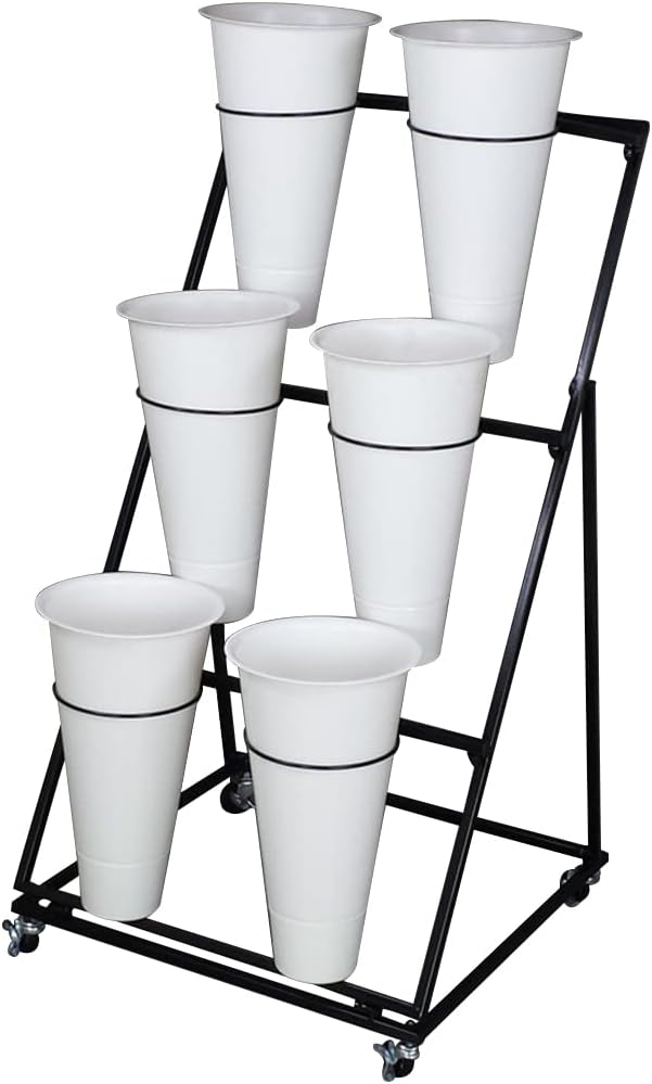 Decorative Flower Display Stand with Buckets for Cut Flowers, Heavy Duty Rolling Plant Stand on Wheels, Indoor Outdoor Flower Cart Ladder Shelf for Florist, Garden, Patio (3 Tier 6 White Bucket)