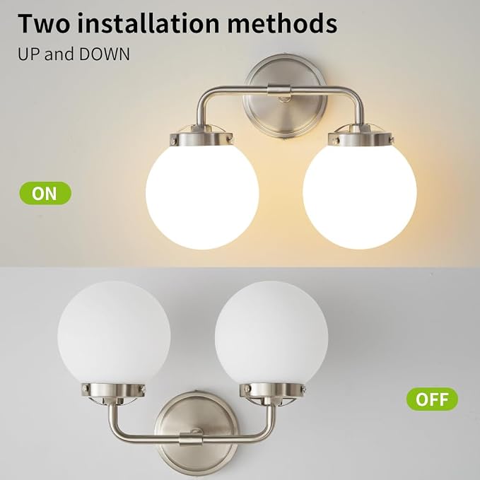 Bathroom Light Fixtures Over Mirror, Brushed Nickel Modern Vanity Lighting with Milk White Glass Globe Shades 2-Light Farmhouse Wall Sconce