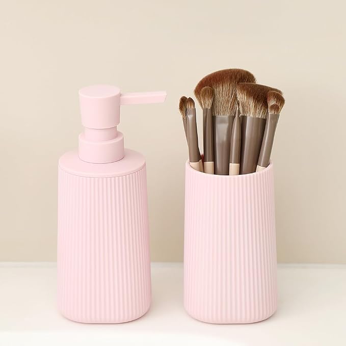YAUKPH Bathroom Accessories Set 2 Piece Soap Dispenser and Toothbrush Holder for Bathroom Countertop Striped Pink