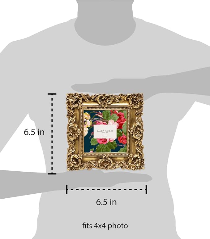 Laura Ashley 4x4 Gold Ornate Textured Hand-Crafted Resin Picture Frame with Easel & Hook for Tabletop & Wall Display, Decorative Floral Design Home Decor, Photo Gallery, Art, More (4x4, Gold)