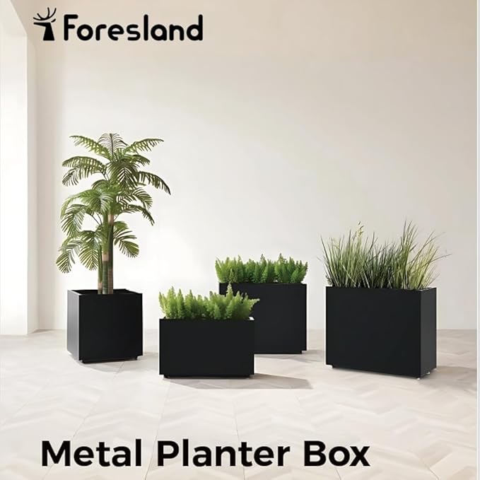 Tall & Long Metal Planter with Middle Shelf - 30W x 11D x 24H Black Rectangular Outdoor Planter Box, Span Divider for Garden, Patio, Yard | Easy 5-Min Assembly, Drainage Holes, Adjustable Feet