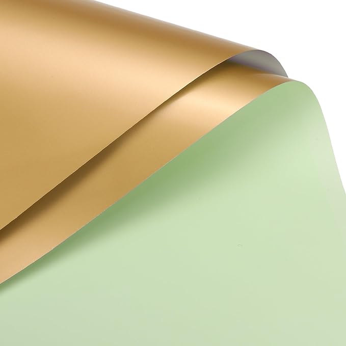 MECCANIXITY 10 Pcs Double Sided Color Flower Wrapping Paper Light Green+Gold 22.8"x22.8" Waterproof for Florist Bouquet Supplies, DIY Crafts, Gift Box Packaging