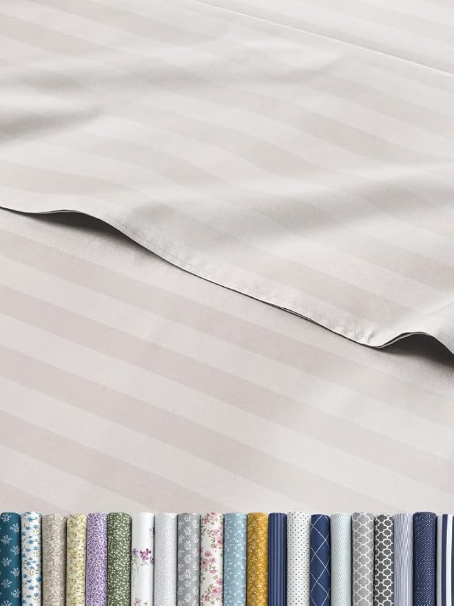 Grey Striped Sheets - 1 Flat & 1 Fitted Sheet & 2 Pillowcases w/ Deep Pockets - Comfy, Cozy, Wrinkle & Fade Resistant - Ultra-Soft, Breathable and Cooling - Luxury Pinstripe Bedding - Full Size