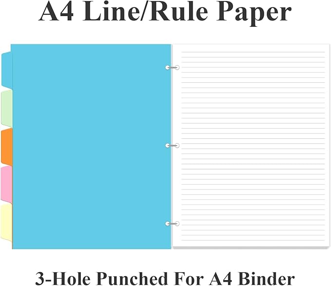 3 Hole Lined Paper for A4 Binder - 50 Sheets/100 Pages Loose Leaf Paper Line Refills, 5 Sheets Dividers, 8.5" x 11"