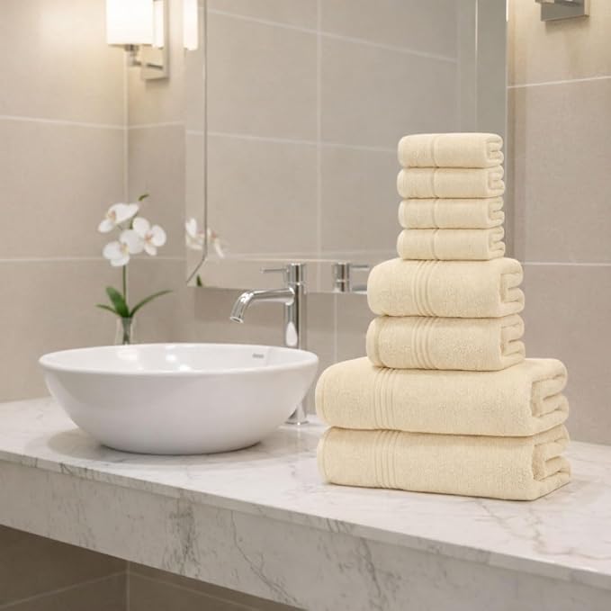 8 Piece Bath Towels for Bathroom Set - 100% Cotton, Soft Absorbent Bathroom Towels Set - 2 Extra Large Bath Towels, 2 Hand Towels & 4 Washcloths - Hotel Spa Thick Plush Towel, Cream
