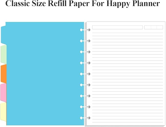 9 Disc Lined Paper Refills for Happy Planners - 100 Sheets/200 Pages Classic Size Lined Paper with 5 Sheets Dividers, 7" x 9.25"