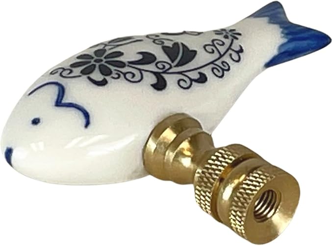 Royal Designs, Inc. Porcelain Fish Finial for Lamp Shade, Polished Brass, Blue & White, Pack of 2