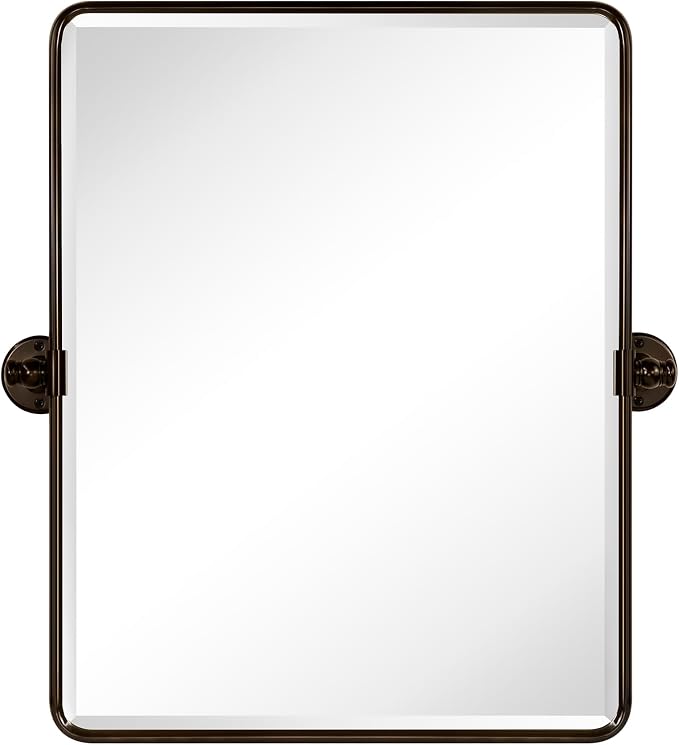 Farmhouse Oil Rubbed Bronze Metal Framed Pivot Rectangle Bathroom Mirror Rounded Rectangluar Tilting Beveled Vanity Mirrors for Wall, Overall 22.91 x 24 inches (Mirrror 19 x 24 inches)