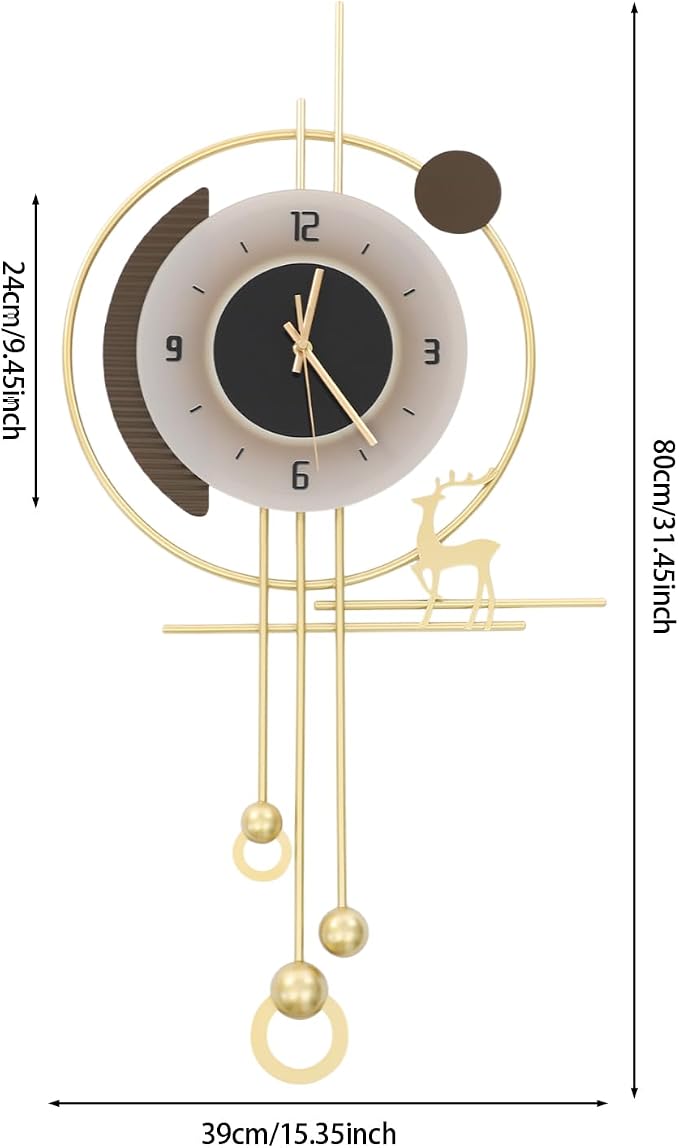 Wall Clock for Living Room, Large Gold Wall Clock with LED Light, Modern Decor Silent Non-Ticking Metal Clock for Living Room, Kitchen, Dining Room, Bedroom, Battery Operated, 15.35 * 31.5in