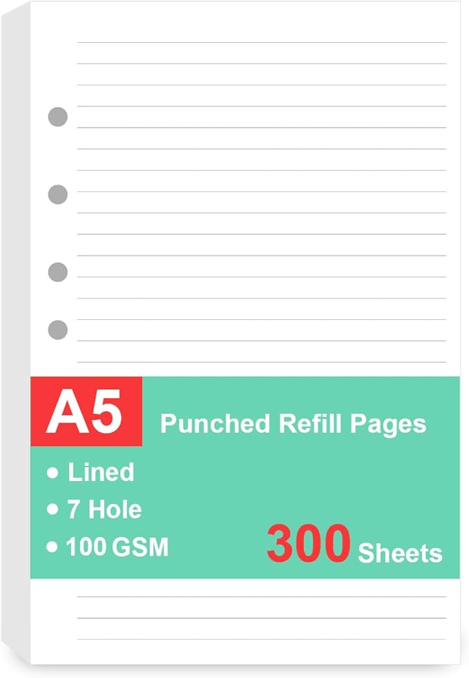 7-Hole Lined Refills Paper, A5 Filler Paper for Planner Inserts, A5 Loose Leaf Paper, 7 Hole Refills, Total 300 Sheets/600 Pages, College Ruled, 5.5 X 8.5 Inch (White Paper, 300 Sheets)