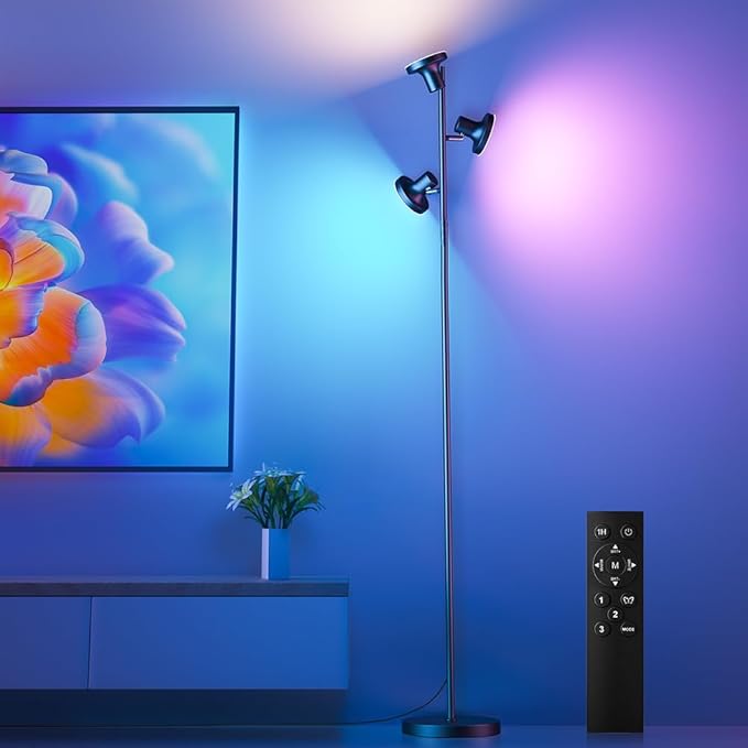 SIBRILLE RGB Floor Lamp, 36W Bright LED Standing Lamp with 3 Swivel Lights, Color Changing Tree Tall Lamp with Remote, Stepless Dimmable Modern Floor Lamps for Living Room, Bedroom, Gaming Room,Office