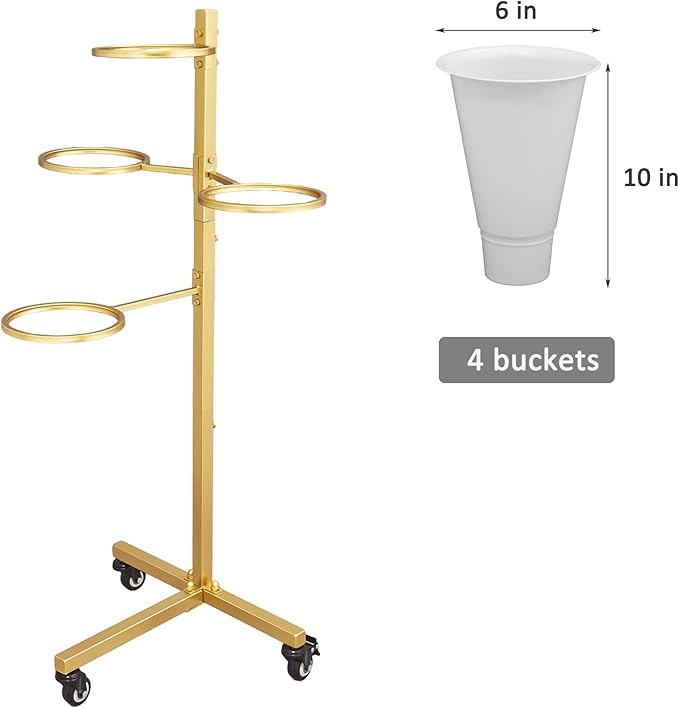 Flower Display Stand with Buckets - Flower Cart with Wheels for Bouquet Shop, Metal Flower Rack Display Stand for Wedding Garden, Party, Events (Gold, Round buckets)