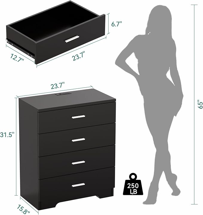 Dresser for Bedroom with Power Outlets Wood 4 Drawer Dresser with Large Organizer Tall Chest of Drawers Closet for Bedroom Living Room Kids Room Hallway