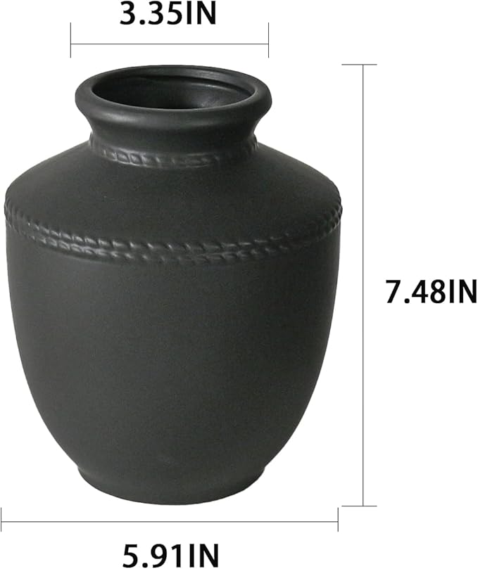 Farmhouse Ceramic Vase for Living Room Bedroom Black 7.45'' Flower Bouquet Vase for Fake Plant Home Decor Office Fireplace Centerpieces Rustic Retro Vintage Modern Gift Decoration