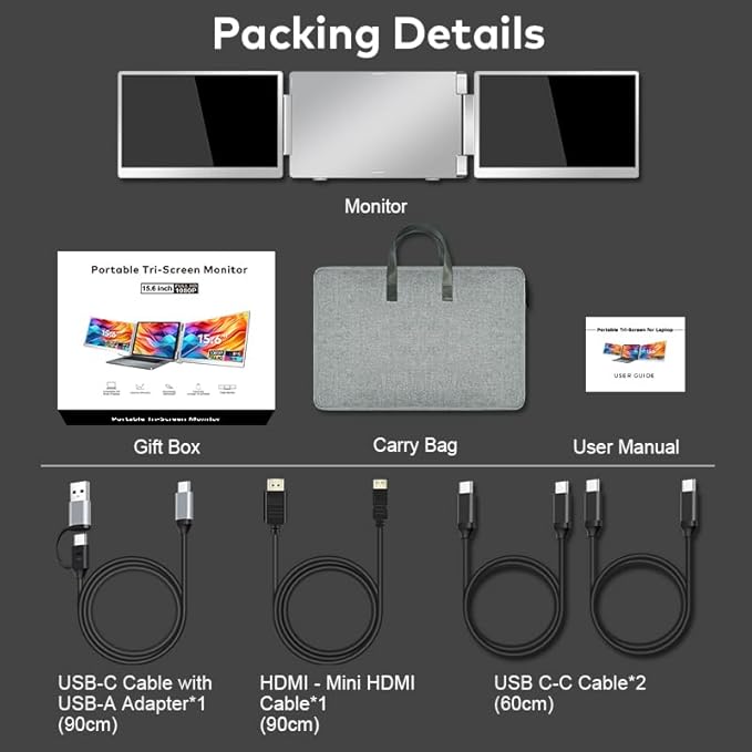 15.6" Laptop Screen Extender for Triple Display - FHD 1080P Portable Monitor For Laptop - Compatible with MacOS/Windows/Android - USB C Detachable Plug & Play Extended Screen for 12-17" Laptops