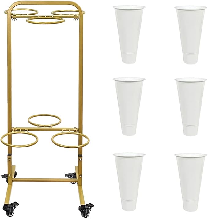 ARTLINE Rolling Display Stand with 6 Buckets for Cut Flowers, Heavy Duty Plant Stand on Wheels, Indoor Outdoor Gold Flower Cart Shelf for Florist, Garden, Patio (White Bucket)