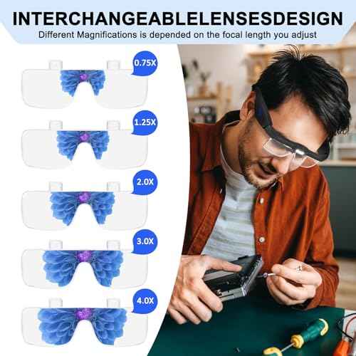 Magnifying Glasses with 3 LED Lights with Light 0.75X to 4X, Rechargeable Magnifying Glasses Head Magnifier, Lighted Magnify Glass with 5 Detachable Lenses, Magnifier Headset for Close Work