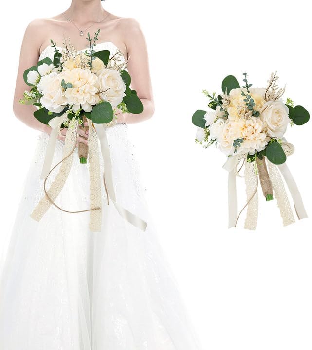 Boho Bridesmaid Bouquets for Wedding, 9 Inch Artificial Flowers Bouquets for Ceremony Anniversary Centerpieces Decorations, Roses - Beige