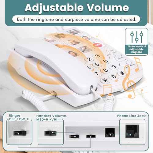 Big Button Phone for Seniors, 9 Big Photo Buttons & One-Click Dialing, Loud Bell, Easy to Program, Landline Phones for Seniors, for People with Visual, Hearing & Memory Impairments