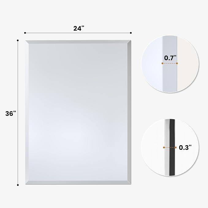 24 x 36 Inch Large Rectangular Bathroom Mirror, Frameless Beveled Vanity Mirror for Over Sink, Solid-Backed 2-Way Wall Mirror for Master Bath