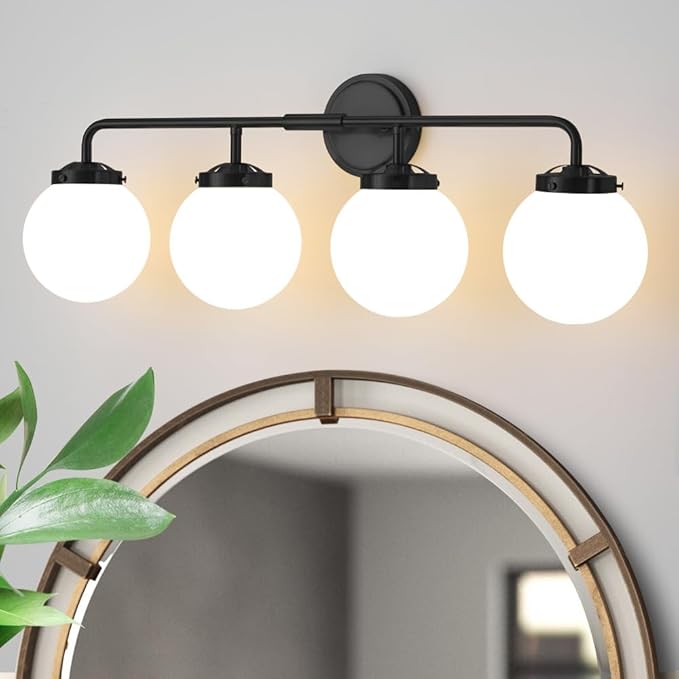 Bathroom Light Fixtures Over Mirror, 4-Light Matte Black Vanity Lighting with Milk White Glass Globe Shades Modern Wall Sconce