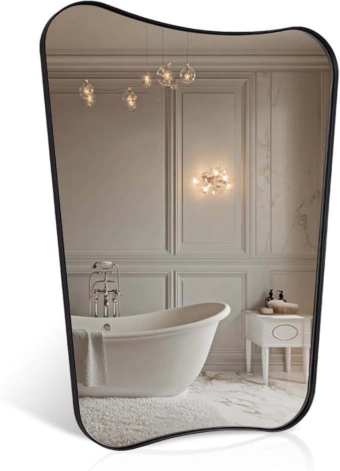 ANDY STAR 24"x32" Matte Black Mirror, Bathroom Mirror for Over Sink, Modern Irregular Shaped Mirror in Rust-Proof Stainless Steel 1” Frame, Decorative for Bathroom, Bedroom or Entryway