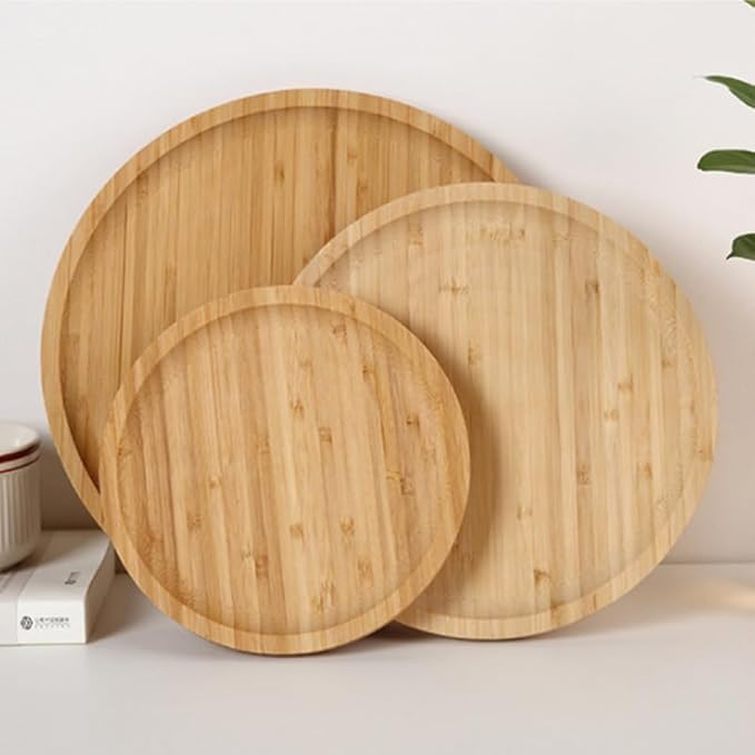 Round Bamboo Tray, Wood Serving Tray, Wooden Platter, Wood Charcuterie Board, Decorative Tray for Coffee Table,13.8 inch