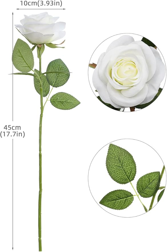 Artificial Rose Flower Artificial Flowers Flower with Long Stem Silk Roses Bouquet for Wedding Bridal Shower Party Home Decoration (White, 12 Pcs)