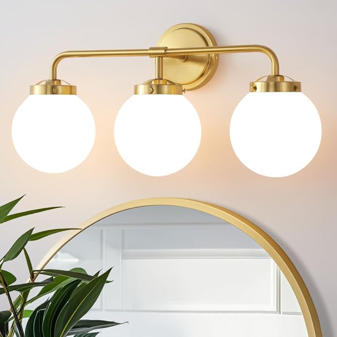 Gold Bathroom Vanity Light Fixtures Over Mirror, 22.4'' Modern Brass 3 Lights Wall Sconce with Milky Glass Ball Shade, Mid Century Farmhouse Vanity Lighting