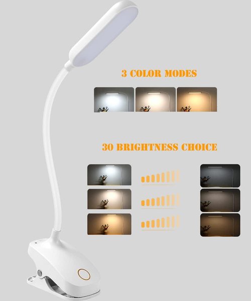 COLORLIFE Desk Lamp - 7W Rechargeable Clip-On Light with Flexible Gooseneck & Stepless Brightness for Reading, Piano, and More