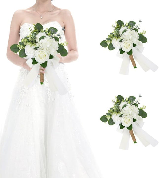 Set of 2 Bridesmaid Bouquets for Wedding - Silk Artificial Ivory Bridesmaid Flowers, Pre-Made Roses Sage Green Boho Bridal Floral for Bride Party Ceremony Anniversary Decoration - 9inch