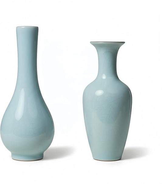 Vase Set of 2 – Handmade Ceramic Flower Vases (8in & 6in), Sage Jade Green Pottery Home Decor for Japandi or Modern Farmhouse Style