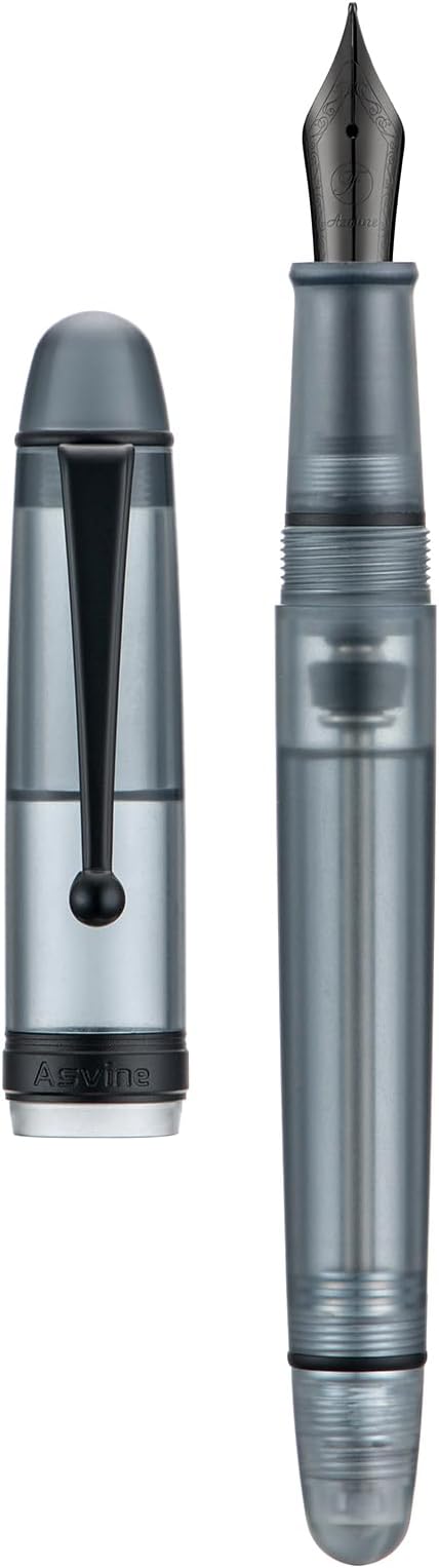 Asvine V126 Vacuum Filling Fountain Pen, Matte Black Acrylic Medium Nib, Large-Capacity Pen with Gift Case